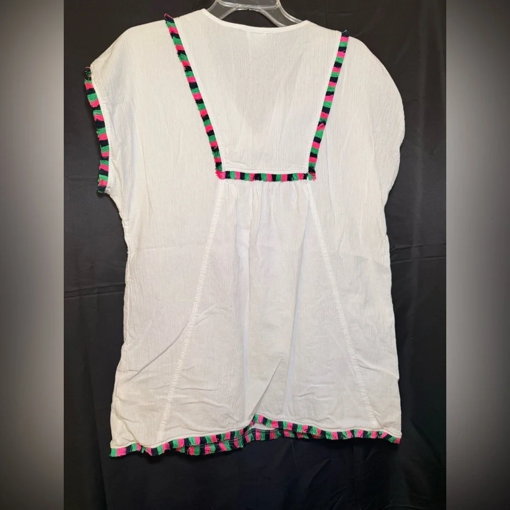 J. Crew MEDIUM Tunic Cover Up White Crepe Colorful Front V Neck Tassels Beach